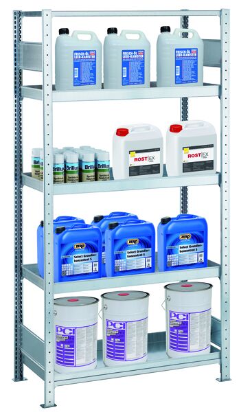 Grundregal, Umwelt-Wannenbodenregal MULTIplus150, 2000 x 1000 x 500 mm (HxBxT), verzinkt, 4 Wannenböden (Volumen: 18 Liter), 1 Fachboden