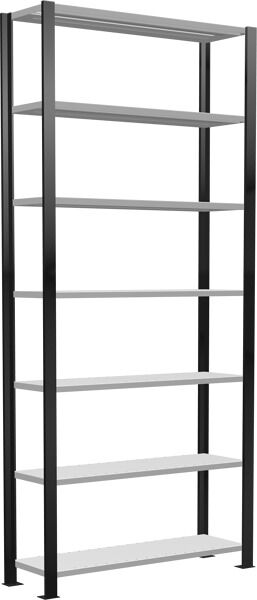 Grundregal, Büro-Fachbodenregal Stecksystem MULTIplus85, 2300 x 1000 x 300 mm (HxBxT), 7 Fachböden, Kreuzstrebe, schwarz/RAL 7035 lichtgrau, mit Anschlagleiste