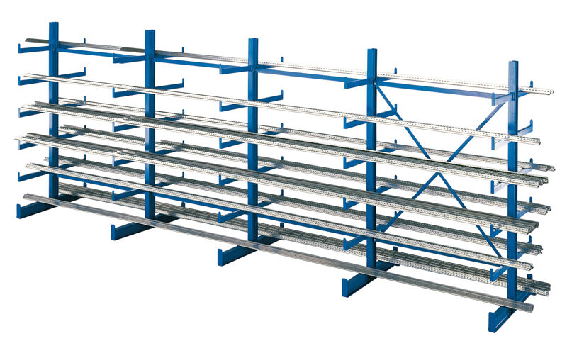K 1000 Kragarmregal-Set, doppelseitig, 2000 x 5000 x 2x500, RAL 5010 enzianblau, Tragkraft je Arm: 200 kg, Tragkraft gesamt einschließlich Fußebene: 6.000 kg