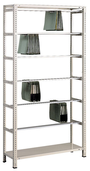 Grundregal, Schraub-Pendelhefterregal Zippel, 2000 x 1000 x 350 mm (HxBxT), RAL 7035 lichtgrau, 6 Pendelstangen