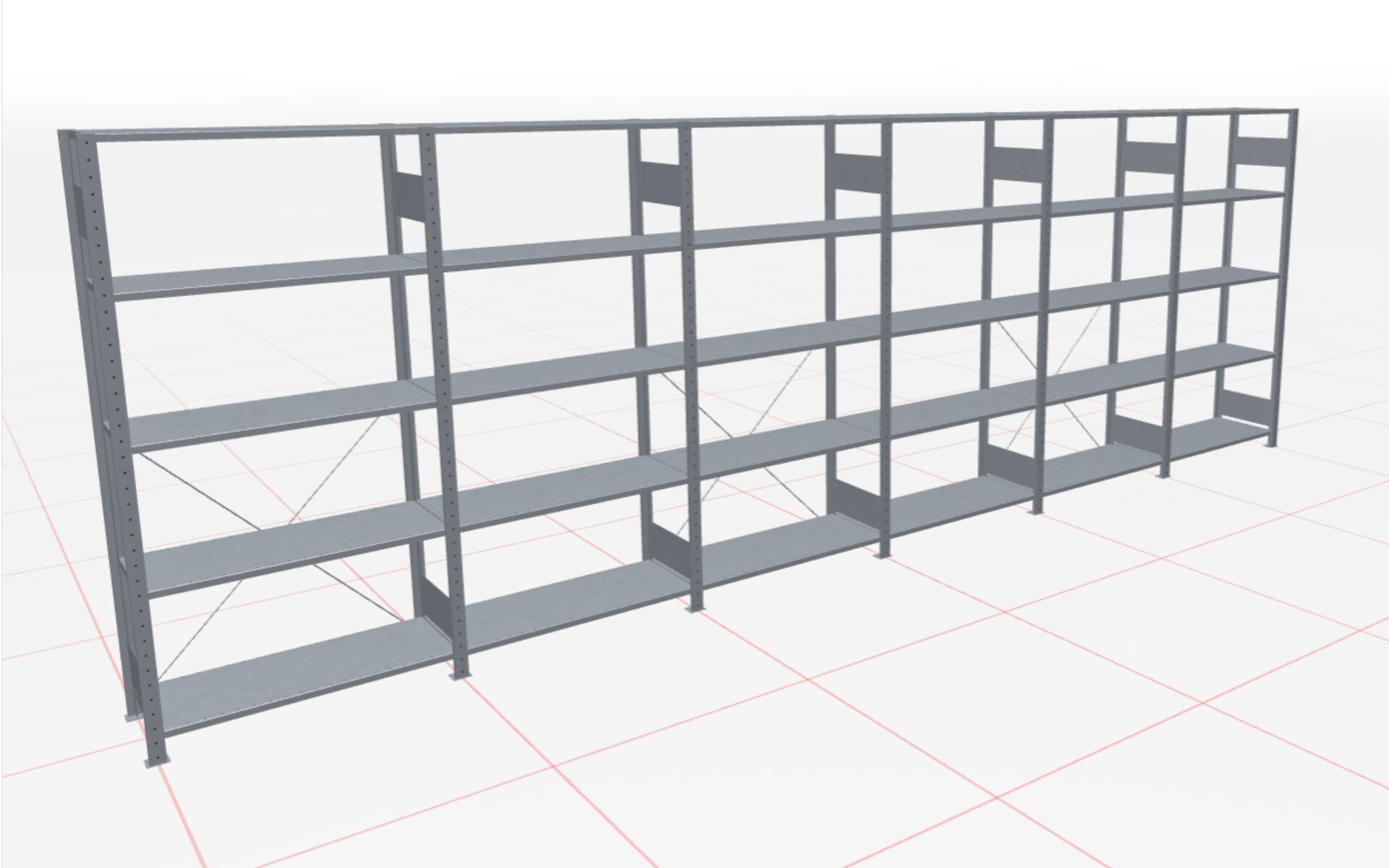 6 m-Set Fachbodenregal Stecksystem MULTIplus150, 2000 x 6000 x 400 mm HxBxT, 30 Fachböden, verzinkt