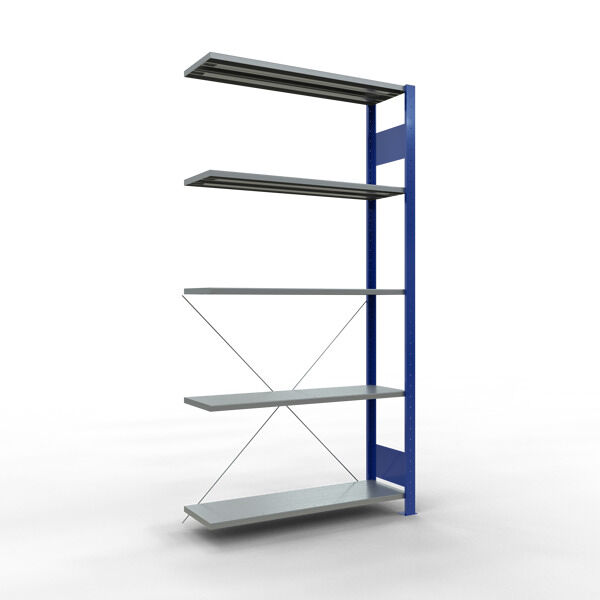 Anbauregal, Fachbodenregal Stecksystem MULTIplus85, 2000 x 1000 x 300 mm (HxBxT), 5 Fachböden, Kreuzstrebe, RAL 5010 enzianblau