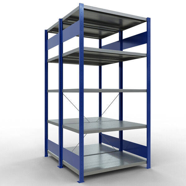 Grundregal, Doppelregal, Fachbodenregal Stecksysem MULTIplus250, 2000 x 1000 x (2x600) mm (HxBxT), 2x5 Fachböden, Kreuzstrebe, RAL 5010 enzianblau/verzinkt