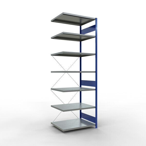 Anbauregal, Fachbodenregal Stecksystem MULTIplus250, 3000 x 1000 x 800 mm (HxBxT), 7 Fachböden, Kreuzstrebe, RAL 5010 enzianblau/verzinkt