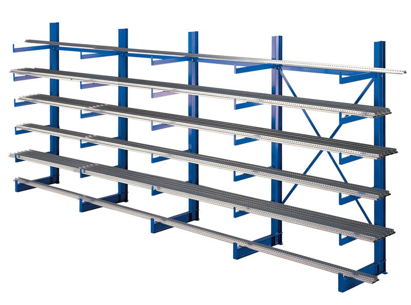 K 1000 Kragarmregal-Set, einseitig, 2000 x 5000 x 500, RAL 5010 enzianblau, Tragkraft je anm: 200 kg, Tragkraft gesamt einschließlich Fußebene: 6.000 kg