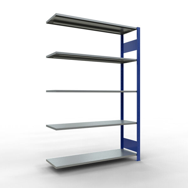 Anbauregal, Fachbodenregal Stecksystem MULTIplus150, 2000 x 1300 x 400 mm (HxBxT), 5 Fachböden, Längenriegel, RAL 5010 enzianblau/verzinkt
