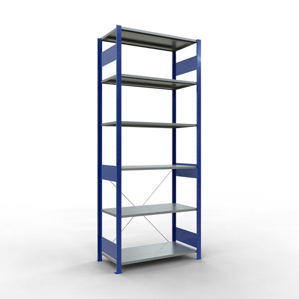 Grundregal, Fachbodenregal Stecksystem MULTIplus85, 2500 x 1000 x 500 mm (HxBxT), 6 Fachböden, Kreuzstrebe, RAL 5010 enzianblau