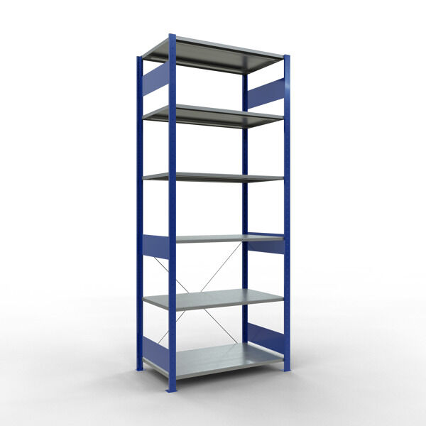 Grundregal, Fachbodenregal Stecksystem MULTIplus85, 2500 x 1000 x 600 mm (HxBxT), 6 Fachböden, Kreuzstrebe, RAL 5010 enzianblau