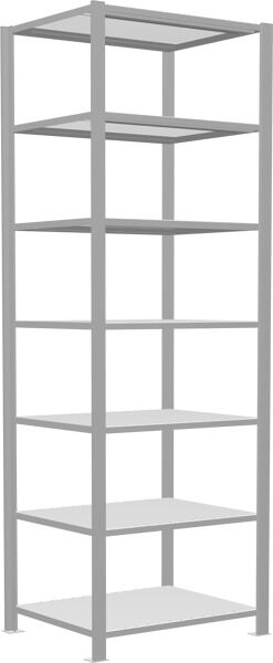 Grundregal, Büro-Fachbodenregal Stecksystem MULTIplus150, 2300 x 750 x 600 mm (HxBxT), 7 Fachböden, Längenriegel, RAL 7035 lichtgrau, mit Mittelanschlag