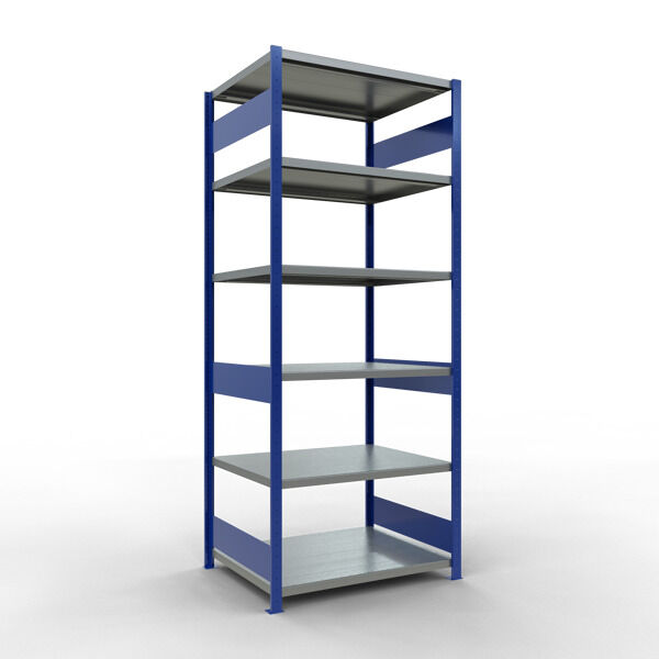 Grundregal, Fachbodenregal Stecksystem MULTIplus250, 2500 x 1000 x 800 mm (HxBxT), 6 Fachböden, Längenriegel, RAL 5010 enzianblau/verzinkt