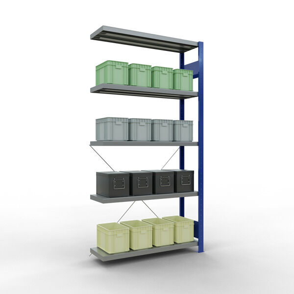 Anbauregal, Fachbodenregal Stecksystem MULTIplus330, 2000 x 1000 x 300 mm (HxBxT), 5 Fachböden, Kreuzstrebe, RAL 5010 enzianblau/verzinkt