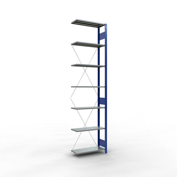 Anbauregal, Fachbodenregal Stecksystem MULTIplus150, 3000 x 750 x 300 mm (HxBxT), 7 Fachböden, Kreuzstrebe, RAL 5010 enzianblau/verzinkt/verzinkt