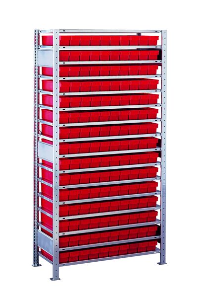 GR, Kleinteileregal-Set 1 MULTIplus150, 2000 x 1000 x 300 mm, verzinkt, 16 Fachböden, 150 Regalkästen 83x93x300 mm rot