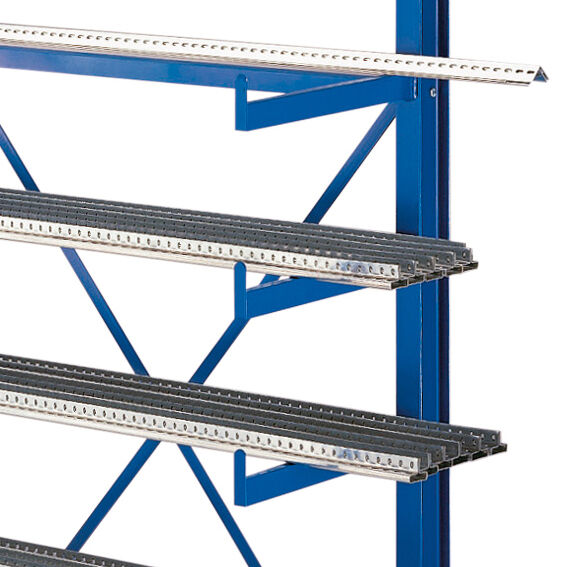 K 1000 Kragarmregal-Set, doppelseitig, 2000 x 5000 x 2x500, RAL 5010 enzianblau, Tragkraft je Arm: 200 kg, Tragkraft gesamt einschließlich Fußebene: 6.000 kg
