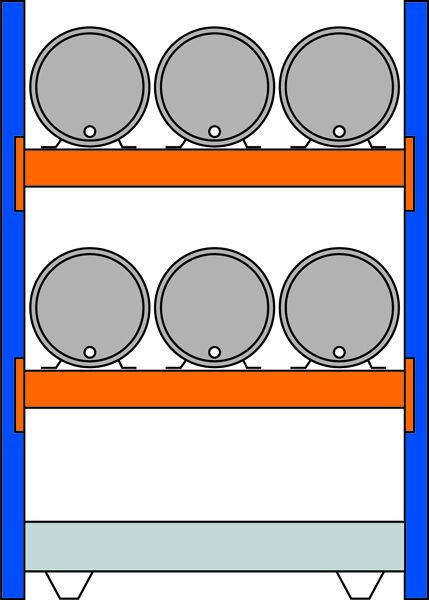 Grundregal, Fassregal, 2000 x 1350 x 800 mm (HxBxT), blau/verzinkt/RAL 2004, 2 Ebenen für je 3 Fässer 60 l liegend, 1 Bodenwanne 1330 x 1100 mm, Fassungsvermögen 215 l