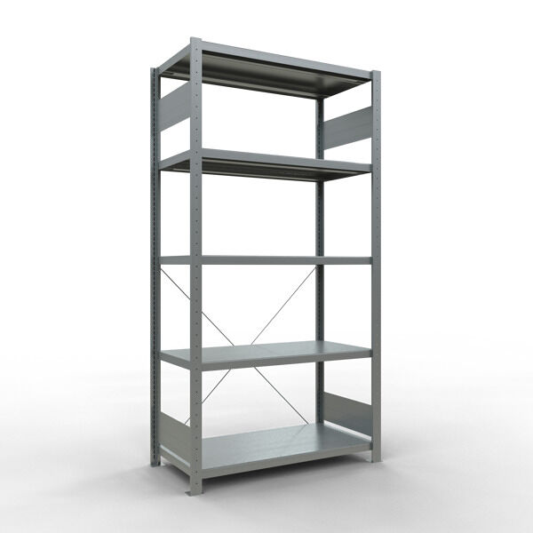Grundregal, Fachbodenregal Stecksystem MULTIplus250, 2000 x 1000 x 500 mm (HxBxT), 5 Fachböden, Kreuzstrebe, verzinkt