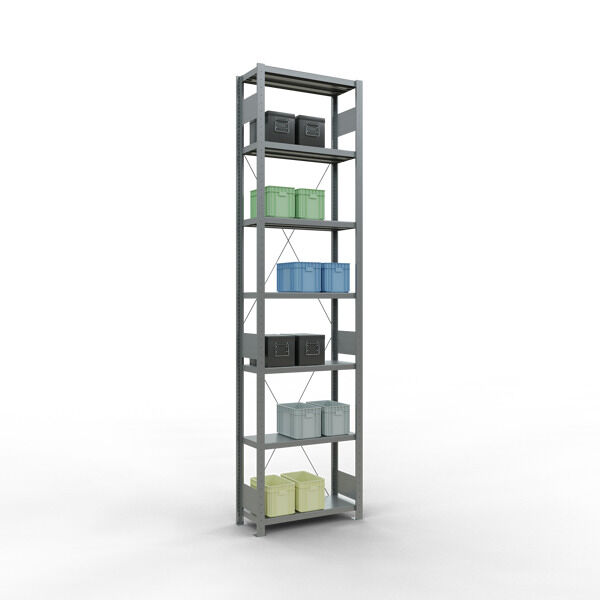 Grundregal, Fachbodenregal Stecksystem MULTIplus250, 3000 x 750 x 300 mm (HxBxT), 7 Fachböden, Kreuzstrebe, verzinkt