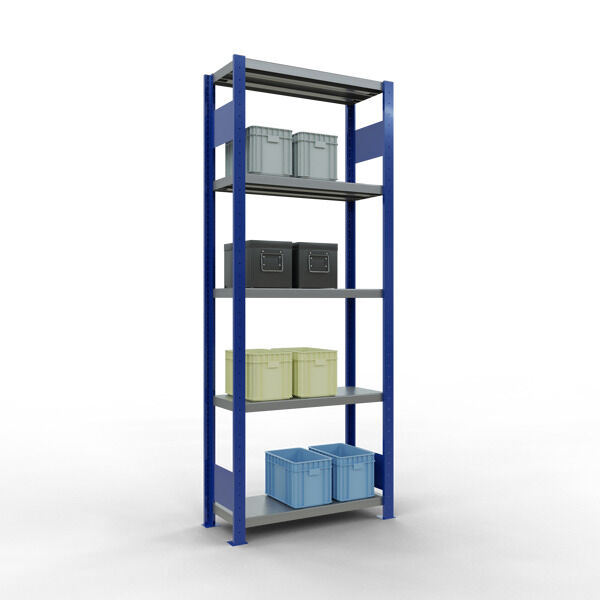 Grundregal, Fachbodenregal Stecksystem MULTIplus250, 2000 x 750 x 300 mm (HxBxT), 5 Fachböden, Längenriegel, RAL 5010 enzianblau/verzinkt/verzinkt