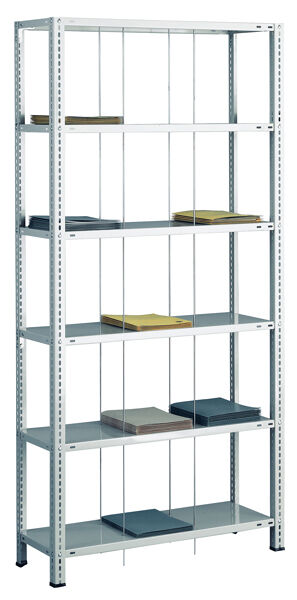 Grundregal, Schraub-Fädelstäberegal BASIC70, 2000 x 900 x 350 mm (HxBxT), 6 Fachböden, RAL 7035 lichtgrau