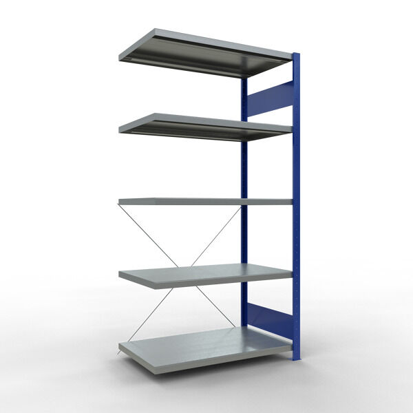 Anbauregal, Fachbodenregal Stecksystem MULTIplus250, 2000 x 1000 x 600 mm (HxBxT), 5 Fachböden, Kreuzstrebe, RAL 5010 enzianblau/verzinkt