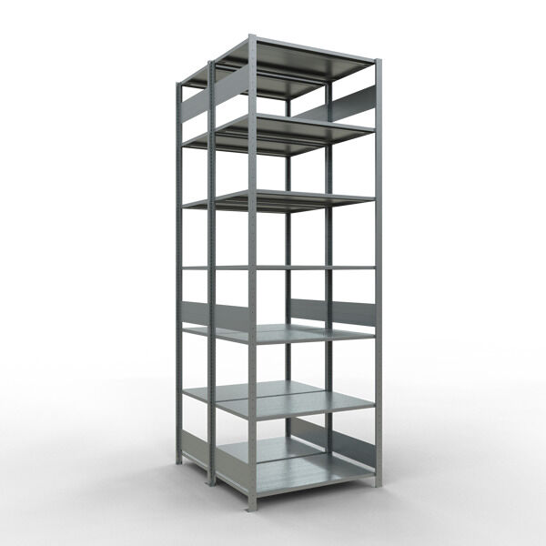 Grundregal, Doppelregal, Fachbodenregal Stecksysem MULTIplus150, 3000 x 1000 x (2x600) mm (HxBxT), 2x7 Fachböden, Längenriegel, verzinkt