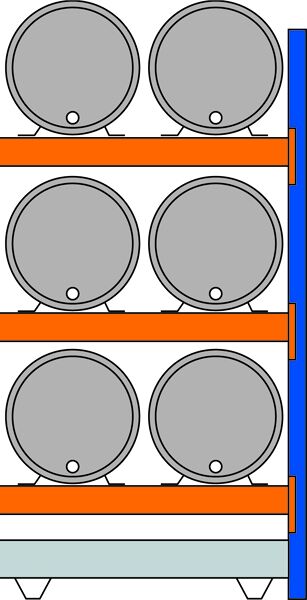 Anbauregal, Fassregal, 2500 x 1350 x 800 mm (HxBxT), blau/verzinkt/RAL 2004, 3 Ebenen für je 2 Fässer 200 l liegend, 1 Bodenwanne 1330 x 1100 mm, Fassungsvermögen 215 l