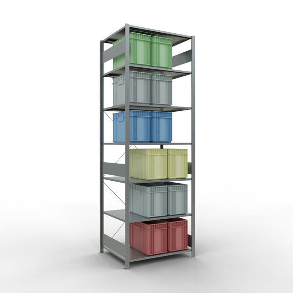 Grundregal, Fachbodenregal Stecksystem MULTIplus150, 3000 x 1000 x 800 mm (HxBxT), 7 Fachböden, Kreuzstrebe, verzinkt