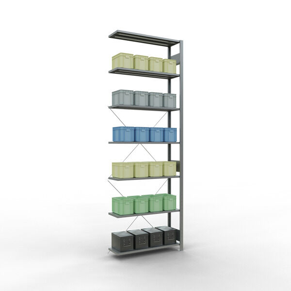 Anbauregal, Fachbodenregal Stecksystem MULTIplus150, 3000 x 1000 x 300 mm (HxBxT), 7 Fachböden, Kreuzstrebe, verzinkt