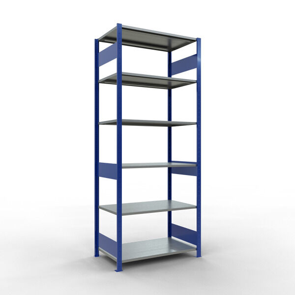 Grundregal, Fachbodenregal Stecksystem MULTIplus85, 2500 x 1000 x 600 mm (HxBxT), 6 Fachböden, Längenriegel, RAL 5010 enzianblau