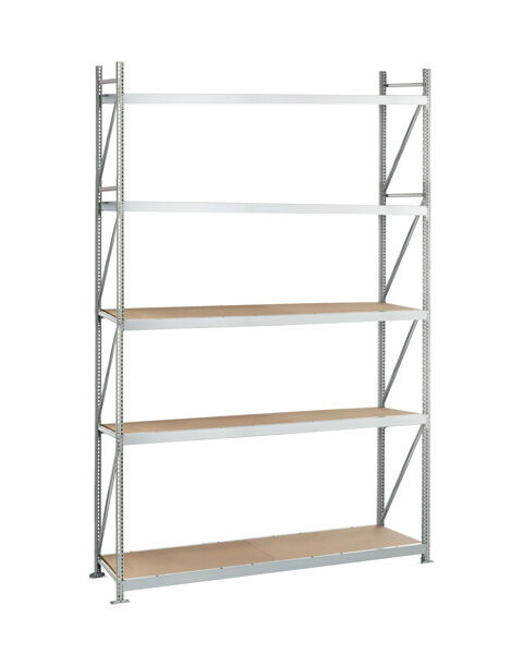 Grundregal, Weitspannregal WS 3000 ML50 mit Spanplatten, 3000 x 2500 x 1000 mm, verzinkt, 5 Ebenen, Fachlast 500 kg, Feldlast 2.500 kg