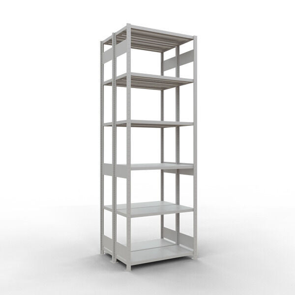 Grundregal, Doppelregal, Fachbodenregal Stecksysem MULTIplus250, 3000 x 1000 x (2x400) mm (HxBxT), 2x7 Fachböden, Längenriegel, RAL 7035 lichtgrau