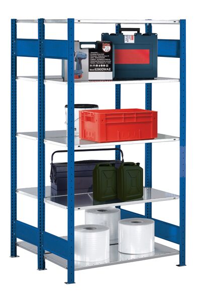 Grundregal, Doppelregal, Fachbodenregal Stecksysem MULTIplus150, 2000 x 1000 x (2x300) mm (HxBxT), 2x5 Fachböden, Längenriegel, verzinkt