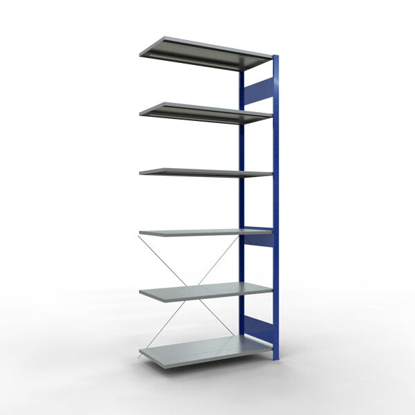 Anbauregal, Fachbodenregal Stecksystem MULTIplus85, 2500 x 1000 x 500 mm (HxBxT), 6 Fachböden, Kreuzstrebe, RAL 5010 enzianblau