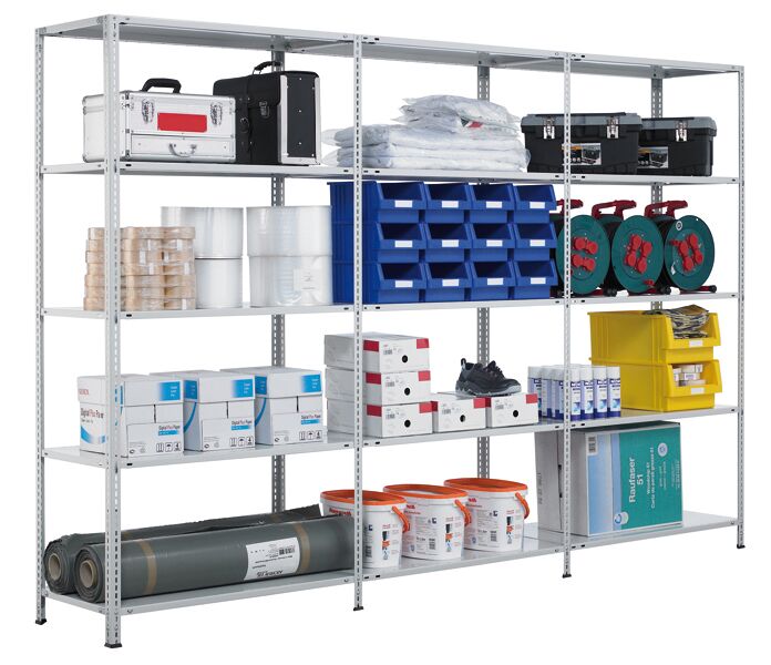Grundregal, Fachbodenregal Schraubsystem MULTIplus150, 2500 x 1000 x 300 mm (HxBxT), verzinkt, 6 Fachböden