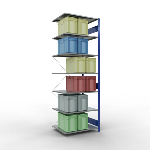 Anbauregal, Fachbodenregal Stecksystem MULTIplus150, 3000 x 1000 x 800 mm (HxBxT), 7 Fachböden, Kreuzstrebe, RAL 5010/verzinkt