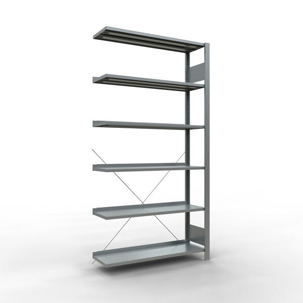 Anbauregal, Büro-Fachbodenregal Stecksystem MULTIplus85, 2000 x 1000 x 300 mm (HxBxT), 6 Fachböden, Kreuzstrebe, verzinkt, mit Anschlagleiste