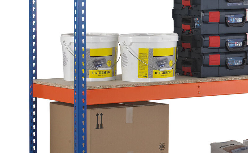 GR, Weitspannregal Z1 mit Spanplatten, 3048 x 2450 x 926 mm, blau/orange/verzinkt, 4 Ebenen, Fachlast 500 kg, Feldlast 2.500 kg