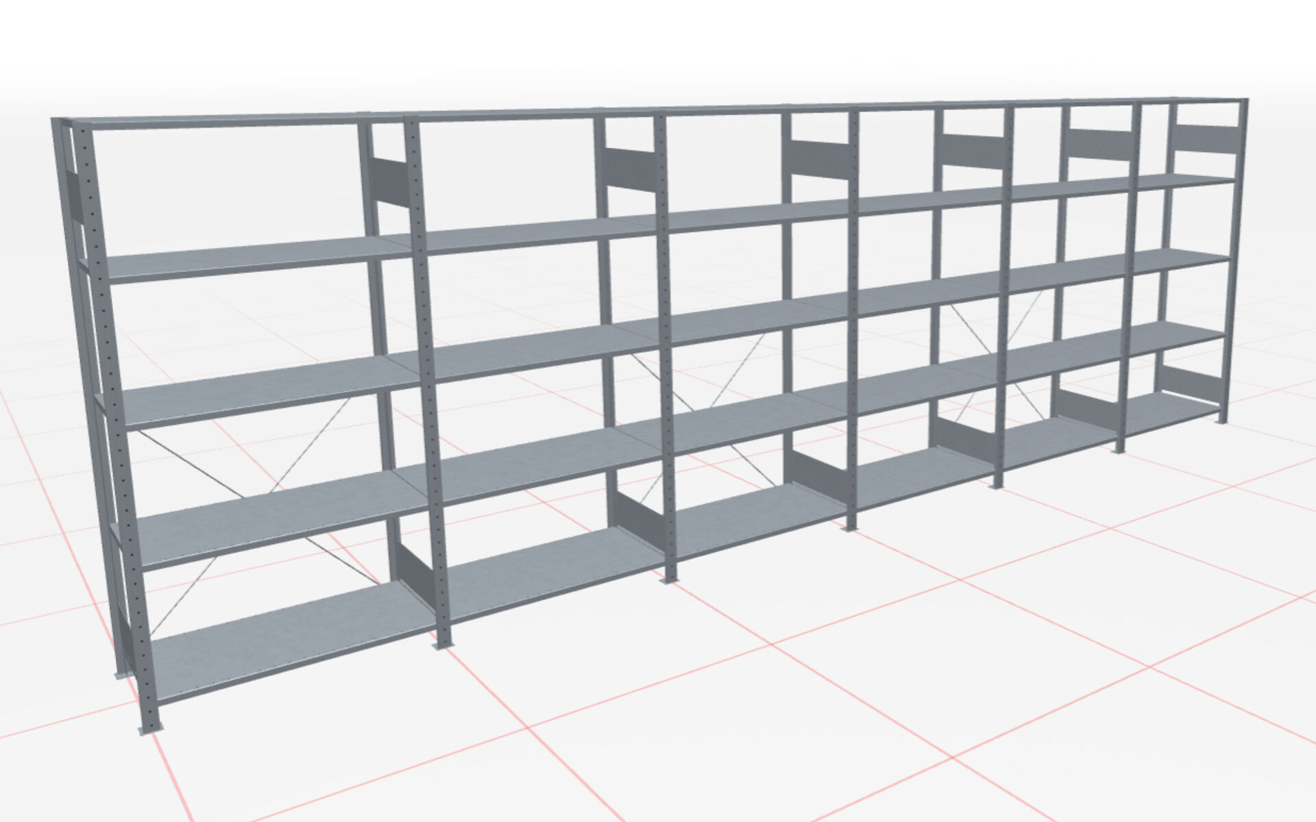 6 m-Set Fachbodenregal Stecksystem MULTIplus150, 2000 x 6000 x 500 mm HxBxT, 30 Fachböden, verzinkt