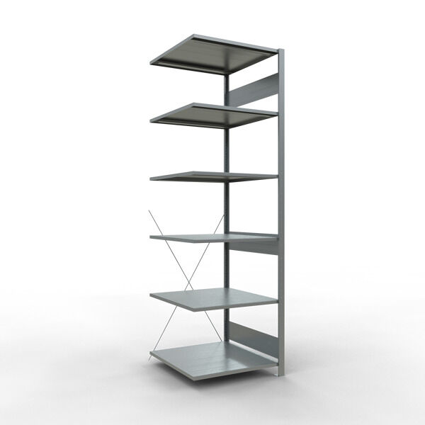 Anbauregal, Fachbodenregal Stecksystem MULTIplus150, 2500 x 750 x 800 mm (HxBxT), 6 Fachböden, Kreuzstrebe, verzinkt