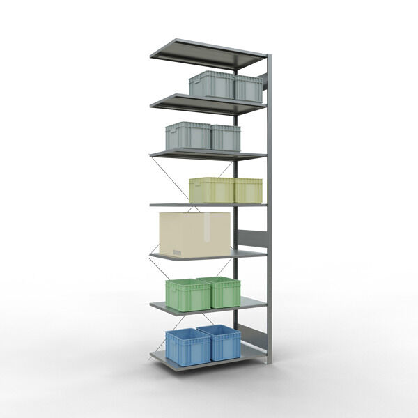 Anbauregal, Fachbodenregal Stecksystem MULTIplus150, 3000 x 1000 x 600 mm (HxBxT), 7 Fachböden, Kreuzstrebe, verzinkt