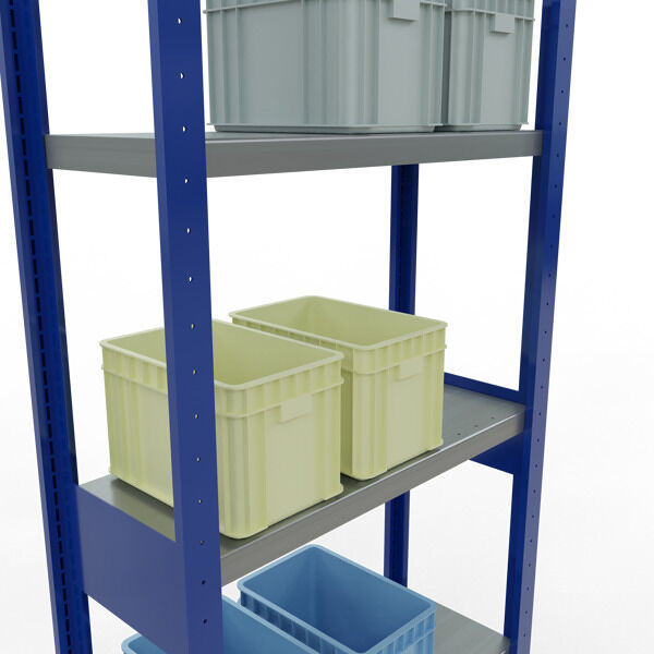 Grundregal, Fachbodenregal Stecksystem MULTIplus250, 2500 x 750 x 300 mm (HxBxT), 6 Fachböden, Längenriegel, RAL 5010 enzianblau/verzinkt/verzinkt