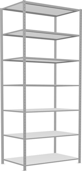Grundregal, Fachbodenregal Stecksystem MULTIplus150, 3000 x 1300 x 800 mm (HxBxT), 7 Fachböden, Längenriegel, RAL 7035 lichtgrau