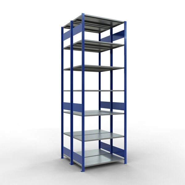 Grundregal, Doppelregal, Fachbodenregal Stecksysem MULTIplus150, 3000 x 1000 x (2x500) mm (HxBxT), 2x7 Fachböden, Längenriegel, RAL 5010 enzianblau/verzinkt