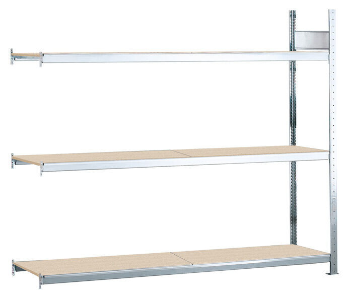 Anbauregal, Weitspannregal WS 2000 mit Spanplatten, 2000 x 2000 x 500 mm (HxBxT), verzinkt, 3 Ebenen, Fachlast 400 kg, Feldlast 1.200 kg