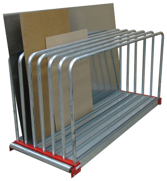 Tafel-Regal, 1000 x 560 x 2030 mm HxBxT, Gestell RAL 3000 feuerrot/Bügel verzinkt, 6 Fächer à 45 mm, Traglast je Fach 500 kg, Bügelhöhen 7 x 900 mm