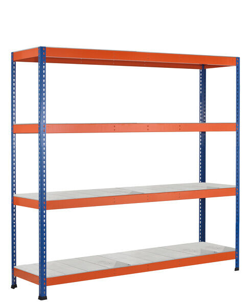 GR, Weitspannregal Z1 mit Stahlpaneelen, 2438 x 2146 x 773 mm, blau/orange/verzinkt, 4 Ebenen, Fachlast 447 kg, Feldlast 2.800 kg