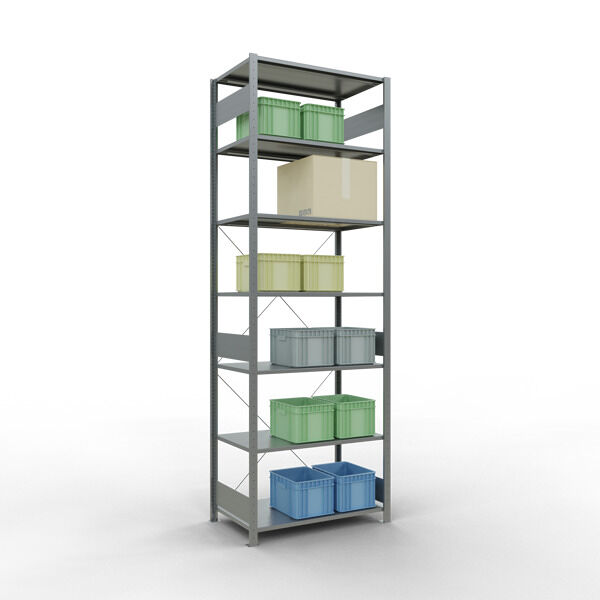 Grundregal, Fachbodenregal Stecksystem MULTIplus150, 3000 x 1000 x 600 mm (HxBxT), 7 Fachböden, Kreuzstrebe, verzinkt