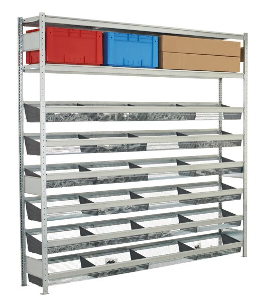 Anbauregal, Weitspannregal WS 2000 mit Gitterkörben 2000 x 1500 x 400 mm (HxBxT), verzinkt, 6 Ebenen mit Gitterkörben á 210 kg Fachlast + 1 Ebene Stahlböden á 400 kg Fachlast, Feldlast 1.200 kg
