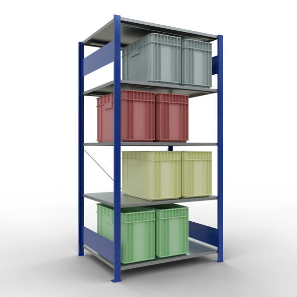 Grundregal, Fachbodenregal Stecksystem MULTIplus150, 2000 x 1000 x 800 mm (HxBxT), 5 Fachböden, Kreuzstrebe, RAL 5010/verzinkt