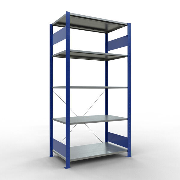 Grundregal, Fachbodenregal Stecksystem MULTIplus85, 2000 x 1000 x 600 mm (HxBxT), 5 Fachböden, Kreuzstrebe, RAL 5010 enzianblau